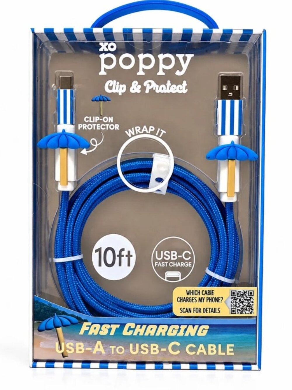 XO Poppy 10ft USB-A to USB-C Fast Charging + Clip & Protect Cable | NWT